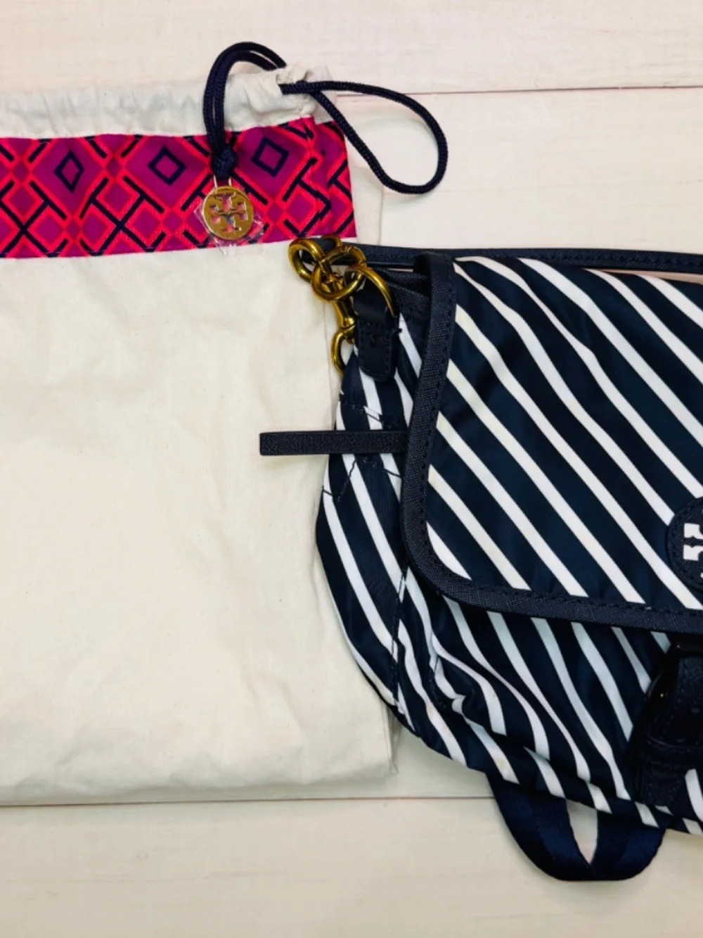 Tory Burch Navy and White Striped Crossbody Bag